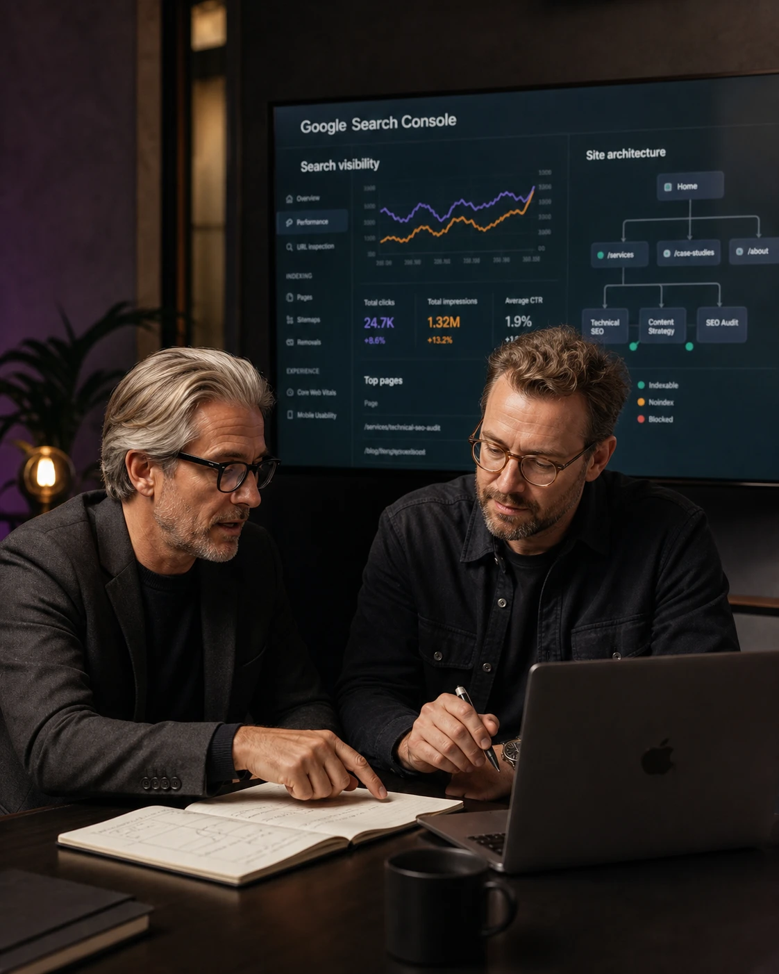 Senior SEO consultants reviewing Google search visibility