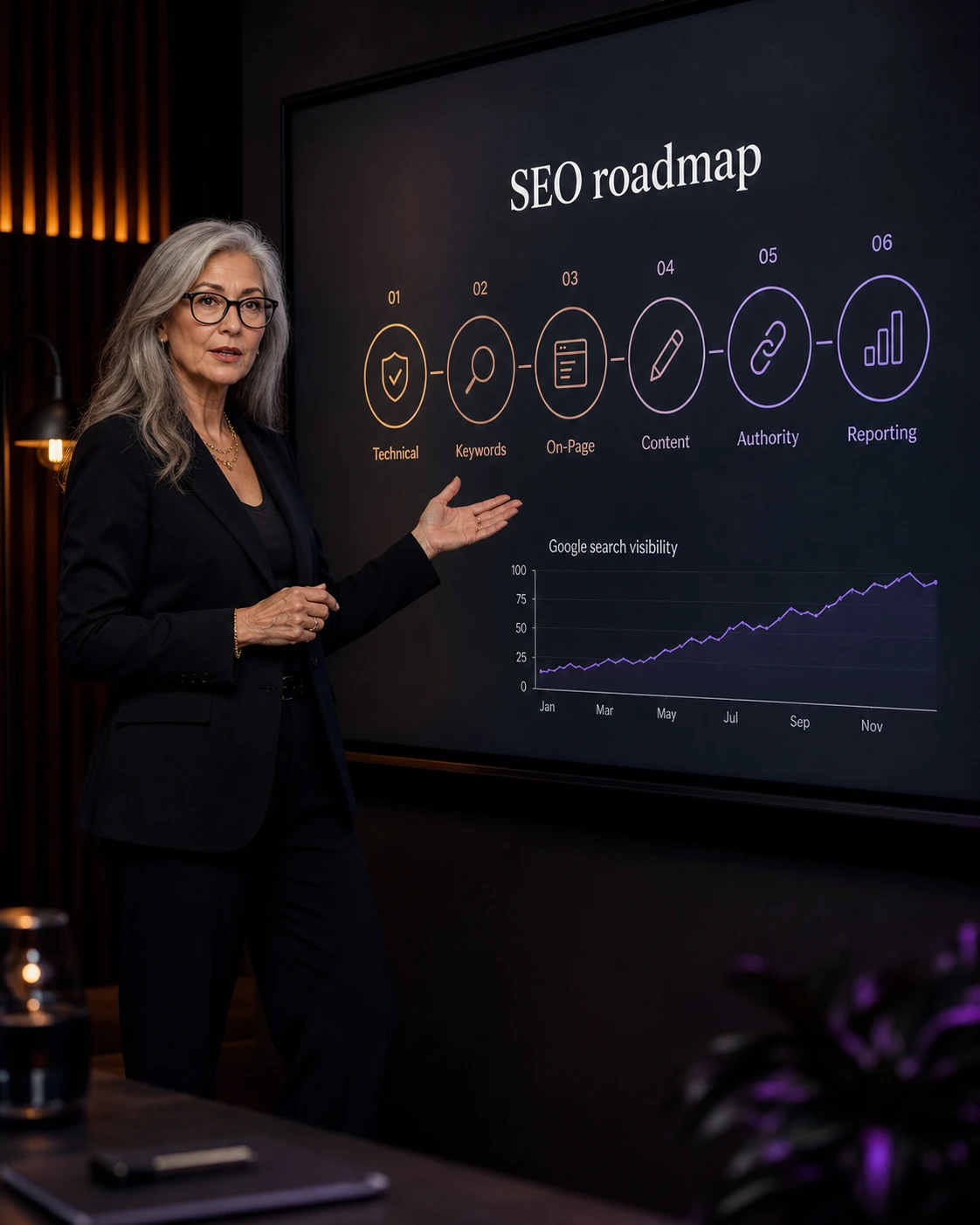 Senior consultant presenting a complete SEO roadmap